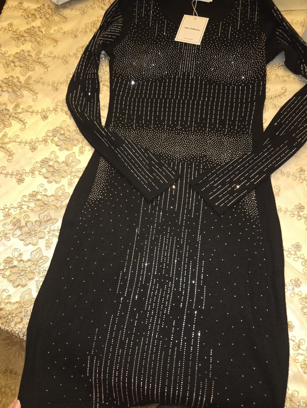 Nali Collections Slim Fit Black Long-Sleeve Rhinestone Knit Dress